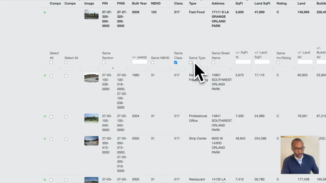 AppealZoo commercial comparable-property selection workspace
